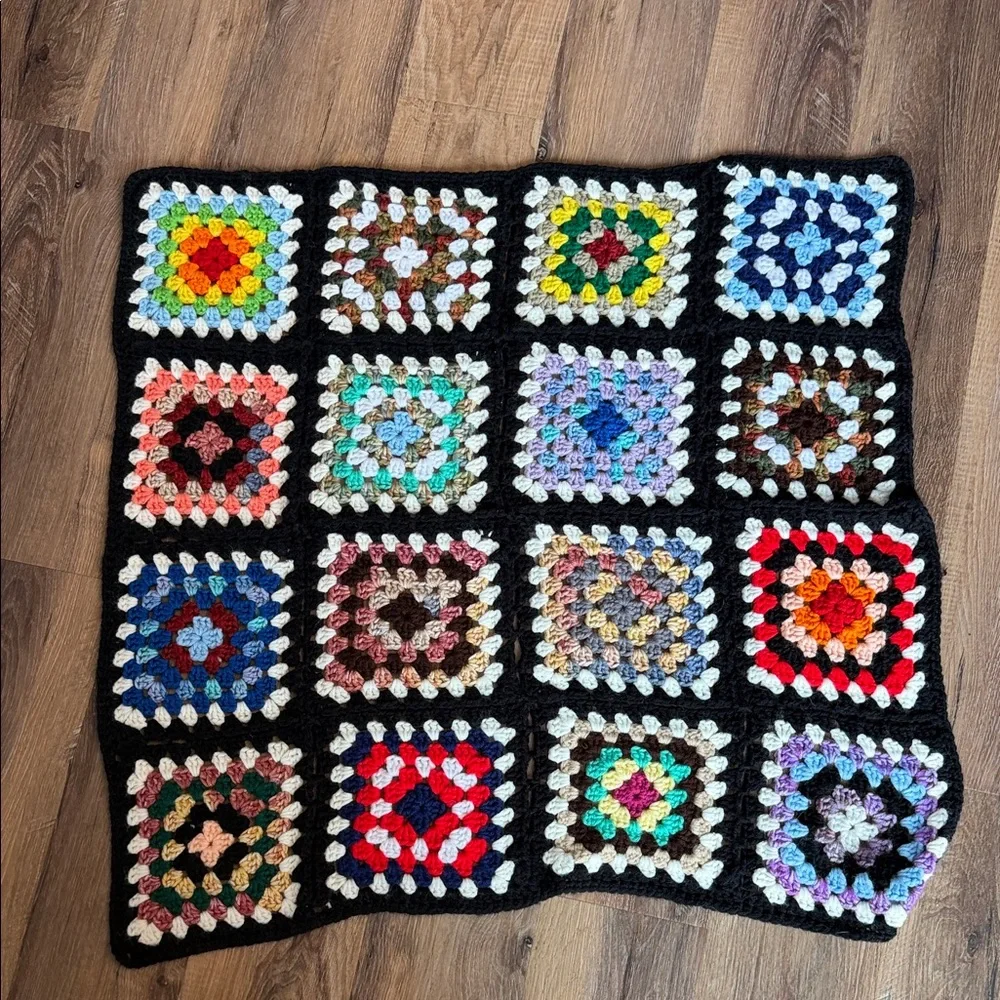 Handmade Crochet Granny Square Blanket - Multicolor on Black lap blanket small